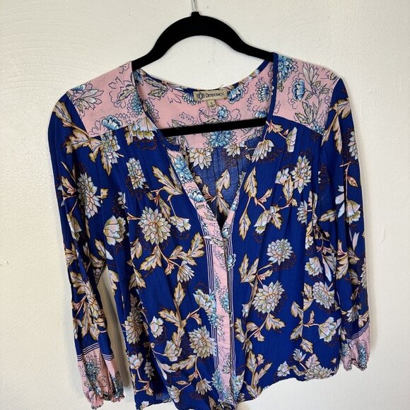 Democracy Womens Top Size S Blue Floral Long Sleeve Button Front Tied V Neck - Picture 1 of 9